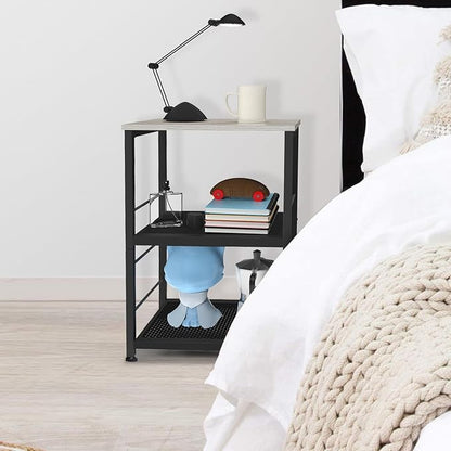MOOACE Rustic 3 Tier End Table with Wheel,Side Table Nightstand Storage Shelf for Bedroom,Kitchen,Living Room and Office, Stable Metal Frame,Wood Top, Easy Assembly - Gray