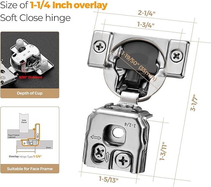 Ravinte 10 Pack 5 Pairs 1-1/4 inch Overlay Soft Close Hinges for Kitchen Cabinet Hinges Satin Nickel Hidden Hinges Stainless Steel Concealed Hinge self Closing