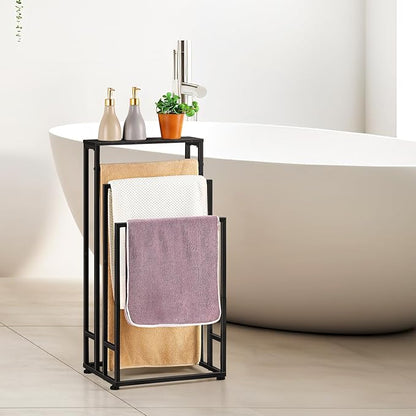 Freestanding Towel Rack 3 Tier Towel Drying Rack for Bathroom Small Standing Hand Towel Holder Black Towel Rack Stand with Storage Shelf for College Dorm Pool Side (Black)