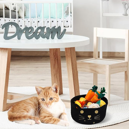 Zopeal Cat Basket Storage Woven Organizer with Ears Easter Decorative Gift Pet Toy Cute Cotton Rope Basket for Gift Cat Dog Toy Bin Nursery Room(8.3 x 4.7 Inch,Black)