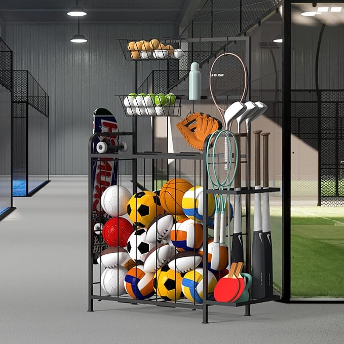 Shinoske Sports Equipment Organizer, Garage Storage Rack With Hooks and Baskets,Multi Use Large capacity Ball Storage Rack for Basketball,Football, Soccer, Bat, Toys,Indoor/Outdoor Use,Black