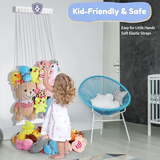 Stuffed Animal Storage Wood Soft Toy Storage for Kids Room，Wall Mount Door Hanging Stuffed Animal Toy Organizer Shelf for Nursery Play Room White -Patent