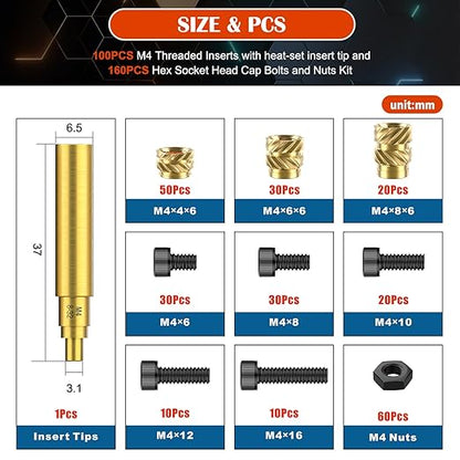 261Pcs M4 Threaded Inserts with Heat Set Insert Tips & Hex Socket Head Cap Bolt Set, Brass Heat Set Insert for Plastic and 3D Printing Components