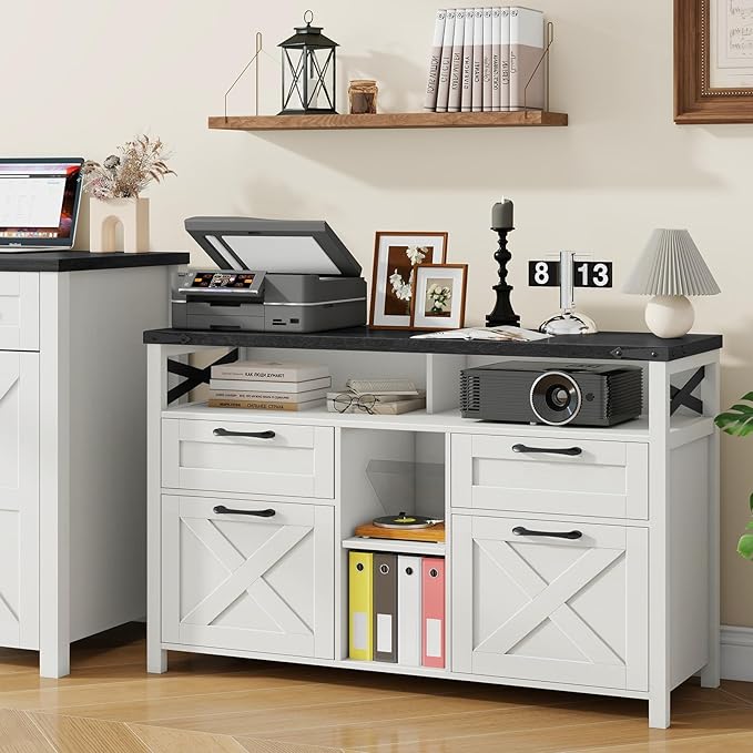 Lateral File Cabinets 4 Drawers with Open Storage Shelf, Farmhouse Filing Cabinet with Adjustable Shelf for Home Office, Filing Organization Storage Cabinets for Hanging Files Letter/A4. Black