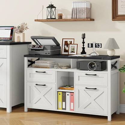 Lateral File Cabinets 4 Drawers with Open Storage Shelf, Farmhouse Filing Cabinet with Adjustable Shelf for Home Office, Filing Organization Storage Cabinets for Hanging Files Letter/A4. Black