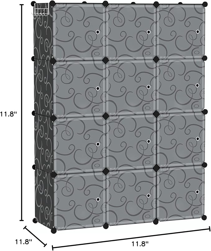C&AHOME Cube Storage Organizer with Doors, 12-Cube Shelves, Closet Cabinet, DIY Plastic Modular Bookshelf Ideal for Bedroom, Living Room, 36.6”L x 12.4”W x 48.4”H Black USHS3012B-DOOR