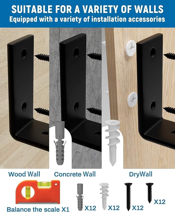 LEOPO 8 inch Shelf Brackets 6-Pack ,1/5 inch Thick Heavy Duty Industrial Bracket for DIY Floating Shelf Support, Black Coated Wall Shelf Support, 7.25” x 4” x 1.5”