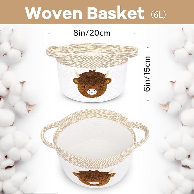 Highland Cow Gift Basket - Small Woven Cotton Rope Organizer Basket for Nursery, Pet Toys & Baby Shower, Foldable Decorative Bin with Handles (7.8x6in)