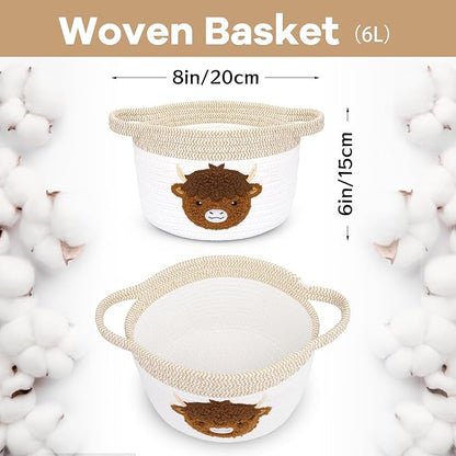 Highland Cow Gift Basket - Small Woven Cotton Rope Organizer Basket for Nursery, Pet Toys & Baby Shower, Foldable Decorative Bin with Handles (7.8x6in)