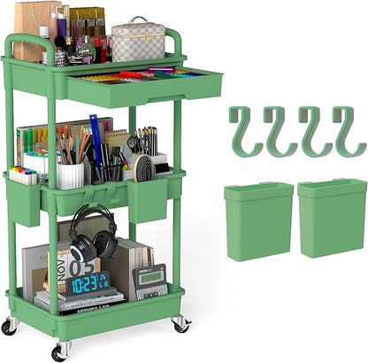 3 Tier Rolling Utility Cart with Drawer, Plastic Storage Organizer Rolling Carts with Wheels Handles Hanging Cups Hooks for Office, Bathroom, Kitchen,Craft Art Room (Green)
