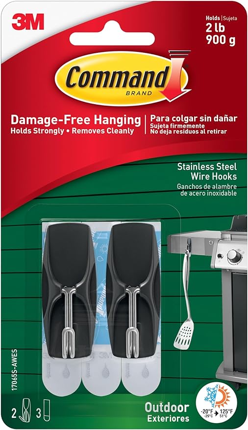 Command Outdoor Medium Black Wire Toggle Hooks, 2 Hooks and 3 Strips, Damage-Free Hanging Wall Hook for Hanging Outdoor Wall Decor with Weather Resistant Strips, Holds up to 2 lb