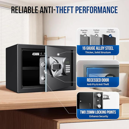 BlackSmith Home Biometric Safe 1.0 Cub - Fingerprint Recognition Box With Keys, Keypad Lock, LCD Display, Dual Alarm System - Wall Mount Cabinet for Jewelry and Valuables, Black