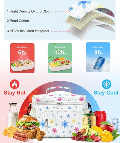 Insulated Lunch Bag for Men & Women, 9L Leakproof Lunch Box Soft Cooler Tote with 5 Pockets, 600D Oxford, EVA Lining, Adjustable Strap for Work, Picnic, Beach&Travel-Corduroy Colored Flowers