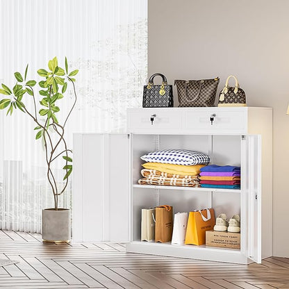 Bonusall Garage Storage Cabinet with 2 Drawers,36" Metal Office Cabinets with Doors and Shelves,Steel Cabinet for Home Office,School,Warehouse(White)
