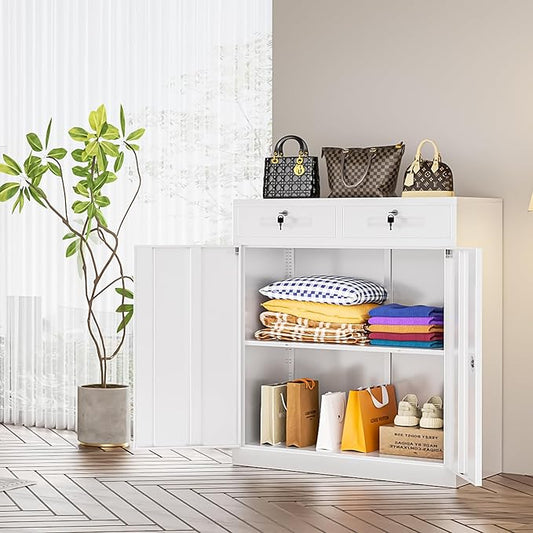 Bonusall Garage Storage Cabinet with 2 Drawers,36" Metal Office Cabinets with Doors and Shelves,Steel Cabinet for Home Office,School,Warehouse(White)