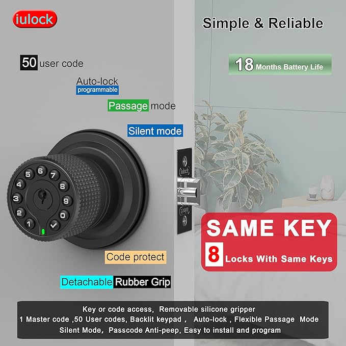 Smart Door Knob with Keypad and Key,Keyless Entry Door Lock with Rubber Grip, Auto Lock,50 User Code,Waterproof, Easy to Install and Program for Bedroom(Matte Black Same Key 8 Pack)