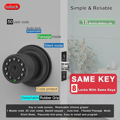 Smart Door Knob with Keypad and Key,Keyless Entry Door Lock with Rubber Grip, Auto Lock,50 User Code,Waterproof, Easy to Install and Program for Bedroom(Matte Black Same Key 8 Pack)