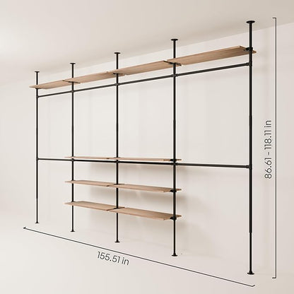 pamo Industrial Pipe Clothing Rack with Shelf - 660 lbs Capacity - Clamping Clothes Rack and Walk In Closet with Oak Shelf for Wardrobe