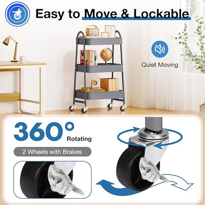 OLIXIS 3 Tier Utility Rolling Cart, Metal Mobile Storage Shelf with Lockable Caster Wheels, Organization for Livingroom, Bathroom & Narrow Places, Gray