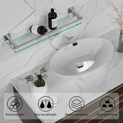 Glass Shelf for Bathroom Wall Sheves 24 inches Rectangular Stainless Steel Tempered Glass Modern Wall Mount Accessories Organizers Storage (Chrome Polished, 24‘’)