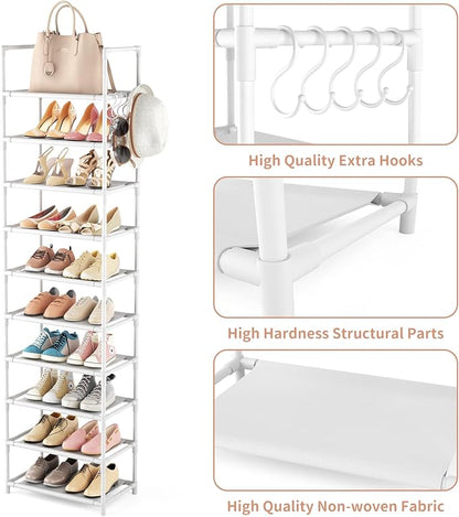 10 Tiers Tall Shoe Rack 20-25 Pairs Boots Organizer Storage Sturdy Narrow Shoe Shelf for Entryway, Closets with Hooks, White