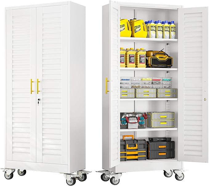 71” Metal Garage Storage Cabinet with Lock and Wheels, Metal Storage Cabinet with Louvered Door and 4 Adjustable Shelves, Rolling Tool Cabinet, Utility File Cabinet for Home Office - White