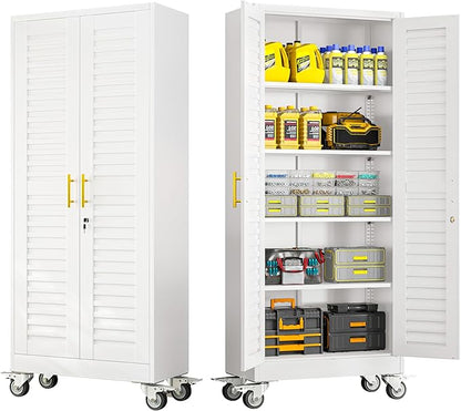 71” Metal Garage Storage Cabinet with Lock and Wheels, Metal Storage Cabinet with Louvered Door and 4 Adjustable Shelves, Rolling Tool Cabinet, Utility File Cabinet for Home Office - White