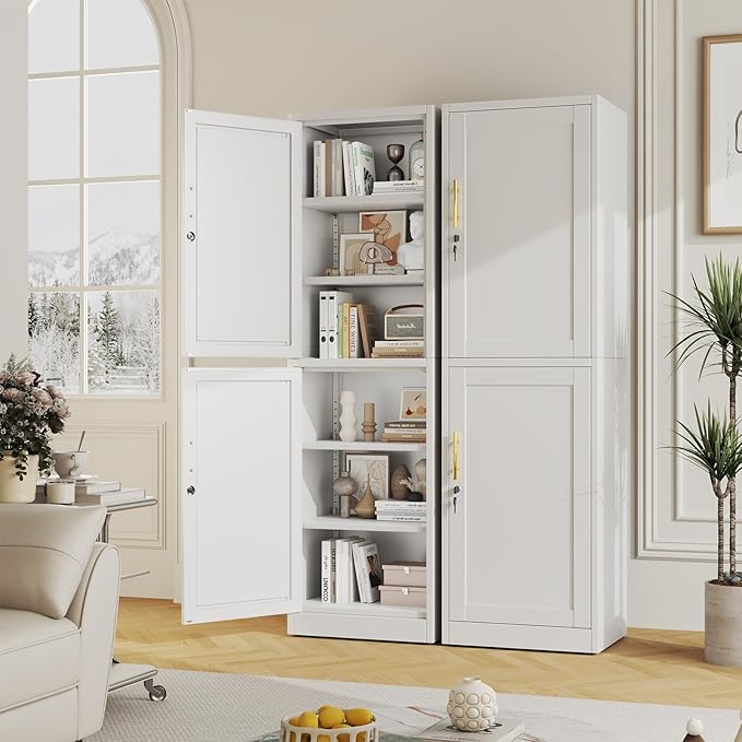67" Metal Storage Cabinet with Lock, Tall Narrow Office File Cabinets with 2 Doors & 4 Adjustable Shelves, Metal Steel Locker for Home, School, Office, Garage or Gym (White)