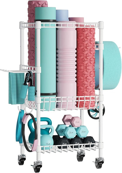 VOPEAK Home Gym Storage Rack with Wheels, Yoga Mat Storage Organizer for Kettlebells, Dumbbells, Resistance Bands, Space Saving 3-Tier Weight Rack for Home Gym, Garage, Easy to Install