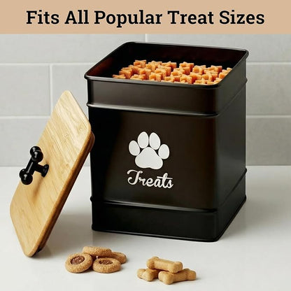 Dog Treat Container Airtight - 6 Inch Wide x 8 Inch Tall Iron Dog Treat Jar for Kitchen Counter with Airtight Bamboo Lid - 12 Cup Capacity Pet Treat Container - Doggie Cookie Jar - Big Treats Canister