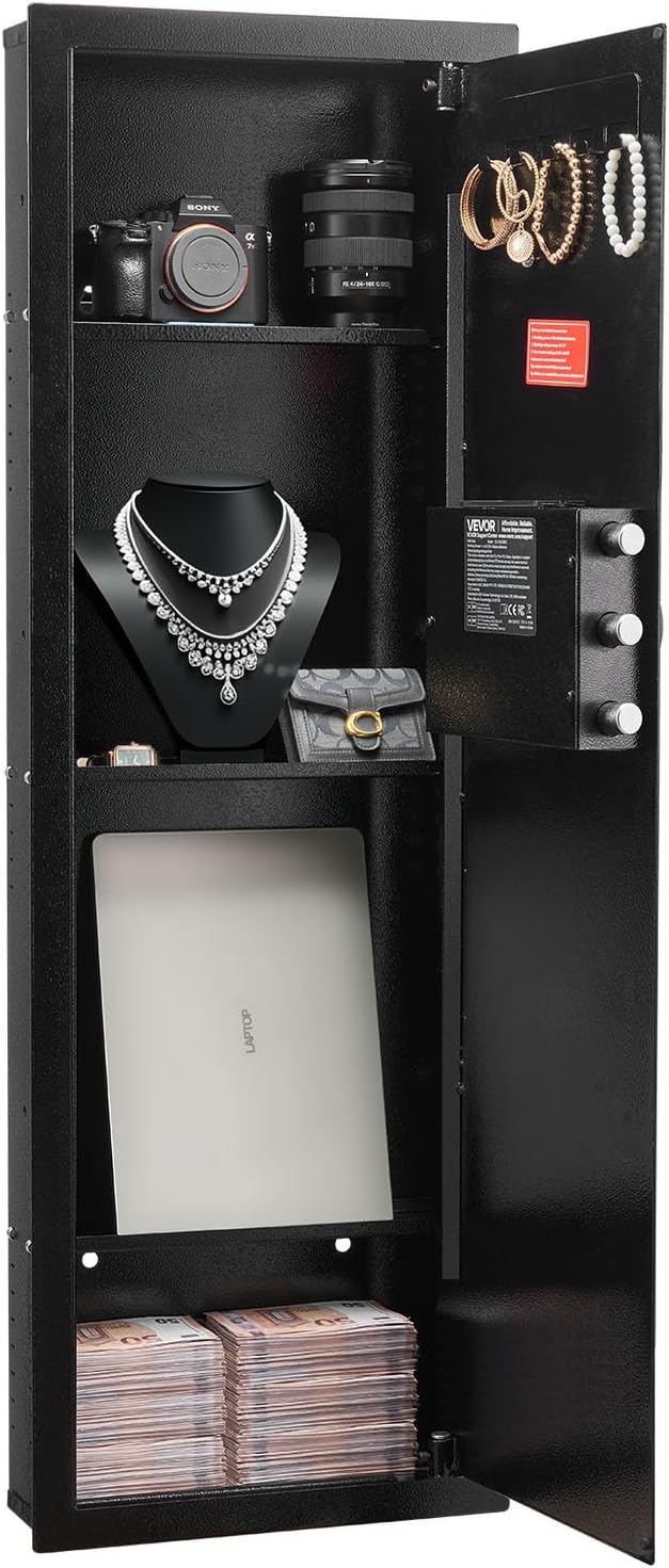 VEVOR 43.3" High Wall Safe, 4-Tier Hidden Wall Mounted Gun Safe with Password & Key, Q235 Cold-Rolled Steel In-Wall Box with LED Lighting, 3 Adjustable Shelves & Key Holders, Black