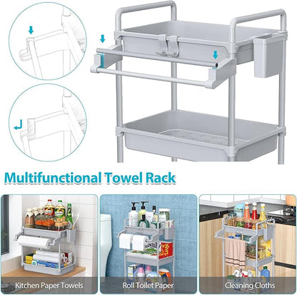 SPACEKEEPER Rolling Storage Cart, 3 Tier Utility Cart Laundry Room Organization Mobile Shelving Unit Bathroom Organizer with Towel Rack, Lockable Wheel, Hooks & Cup for Kitchen Office, Grey