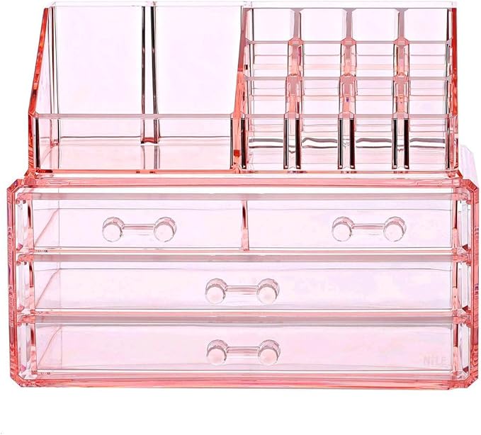 Ikee Design Pink Jewelry & Cosmetic Storage Display Boxes Two Pieces Set, Pink Cosmetic Jewelry Organizer Makeup Holder, Organizer for Vanity