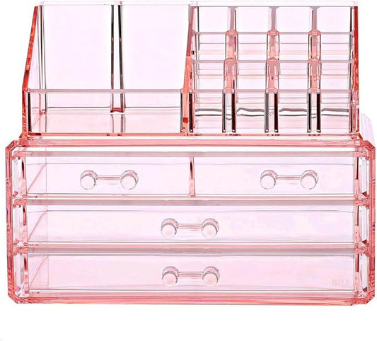 Ikee Design Pink Jewelry & Cosmetic Storage Display Boxes Two Pieces Set, Pink Cosmetic Jewelry Organizer Makeup Holder, Organizer for Vanity