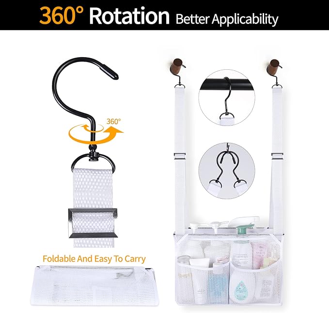 4 Storage Pockets Adjustable Hanging Mesh Bathroom Bag, Shower Caddy College with Hooks, Applied to College Dorm Rooms, Gym, Swimming and RV Travel (White)