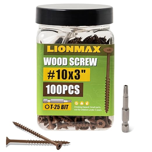 LIONMAX Wood Screws 3 Inch, Deck Screws #10 x 3, 100 PCS, Rust Resistant, Epoxy Coated, Exterior Wood Screw, Outdoor Decking Screws, Torx/Star Drive Head, T25 Star Bit Included, Brown