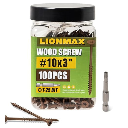 LIONMAX Wood Screws 3 Inch, Deck Screws #10 x 3, 100 PCS, Rust Resistant, Epoxy Coated, Exterior Wood Screw, Outdoor Decking Screws, Torx/Star Drive Head, T25 Star Bit Included, Brown