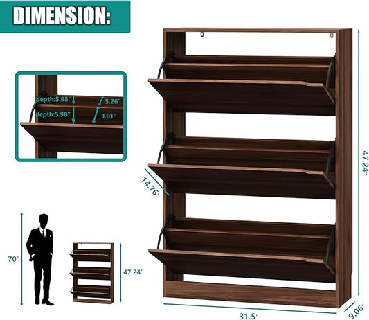 Shoe Storage Cabinet for Entryway with 3 Flip Drawers, Sturdy Wood Hidden Shoe Storage, Freestanding Narrow Slim Shoe Organizer for Front Door Entrance, Living Room, Hallway, Bedroom, Walnut