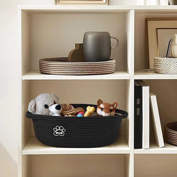 Small Dog Toy Basket, Soft Cotton Rope Dog Cat Toy Bin, Woven Storage Basket for Living Room Nursery, Cats Pet Gift Basket Empty, Decorative Wicker Storage Box with Handle, 13"x 9"x 5"
