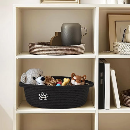 Small Dog Toy Basket, Soft Cotton Rope Dog Cat Toy Bin, Woven Storage Basket for Living Room Nursery, Cats Pet Gift Basket Empty, Decorative Wicker Storage Box with Handle, 13"x 9"x 5"
