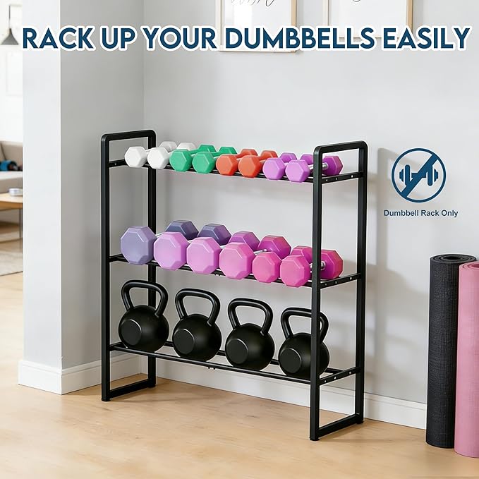 LOFTEY 3 Tier Adjustable Dumbbell Rack, 330 lbs Capacity Metal Weight Storage Rack, Space-Saving Home Gym Storage for Kettlebell & Free Weights, Dumbbell Stand Only