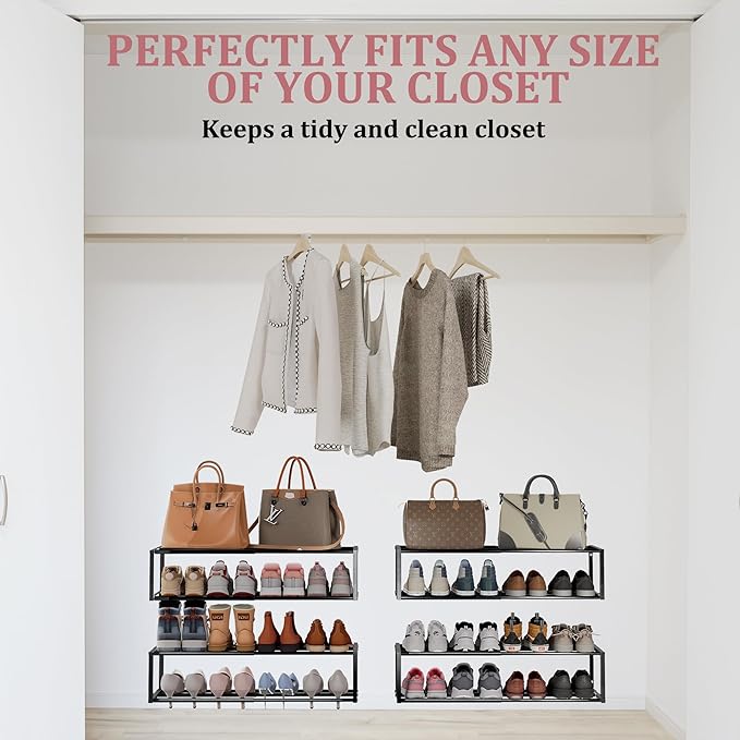 Expandable Wall Mounted Shoe Rack, 17"-31" Adjustable Hanging Shoe Rack Holds 8 Pairs, Heavy Duty Metal Shoe Holder with 2 Storage Hooks, Space Saving for Entryway Closet Doorway（Black）