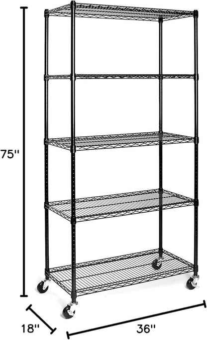 Seville Classics UltraDurable Heavy Duty NSF Solid Steel Wire Rack Storage Unit, Organizer for Garage, Warehouse, Office, Restaurant, Classroom, Kitchen, Black, 5-Tier Shelving, 36" W x 18" D