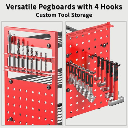 52" Heavy Duty Power Tool Organizer Wall Mount with 12 Drills Holder, 4-Tier Power Tool Storage Rack, DIY Pegboard Side Panels,4 Long Hooks, Garage Metal Tool Shelf for Battery,Drills
