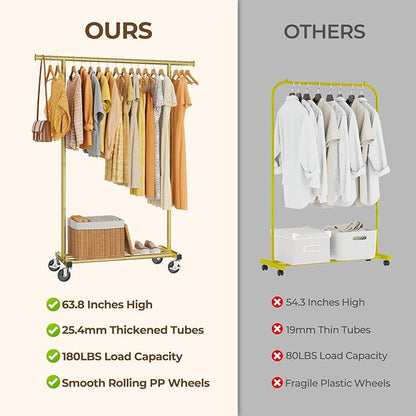 Clothes Rack, Clothing Rack for Hanging Clothes, Rolling Garment Rack Sturdy Coat Rack Portable Wardrobe Rack Metal Closet Rack for Bedroom Laundry Living Room, Gold