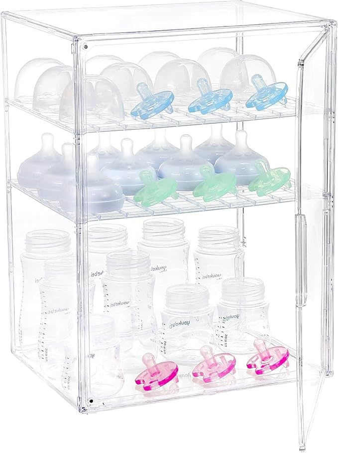 YESGIRL 3-Tier Clear Baby Bottle Organizer,Clear Stackable Acrylic Storage With Drawer for Countertop Cabine Storage Station Case Box Container for Nipples Pump Parts Food Jars