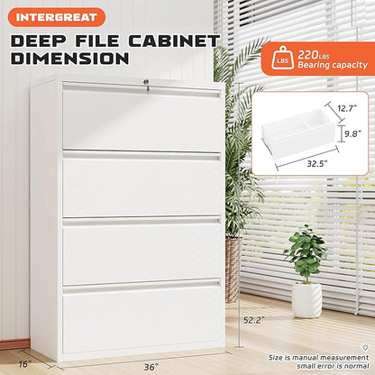 INTERGREAT 4 Drawer File Cabinet, White Lateral File Cabinet with Lock, 36" W Metal Office Filing Cabinet with Adjustable Frame for Legal, Letter, A4 Files