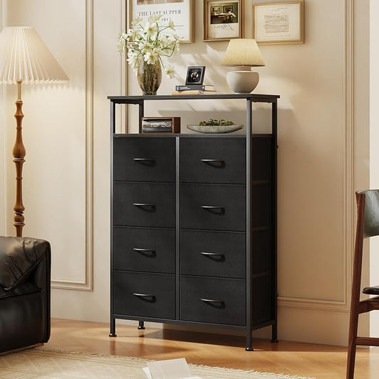 DUMOS TV Stands for Living Room with 8 Drawers, Tall 8-Drawer Chest of Drawers with Raised Shelf, Storage Tower with Fabric Bins for Organization, Hallway Storage, Black