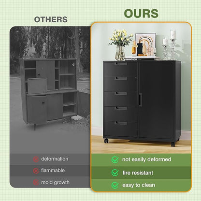 5 Drawer Metal Cabinet, Office Storage Cabinet w/Universal Wheels, Printer Stand with Storage Shelves, Rolling File Cabinets for Home Office(Black)
