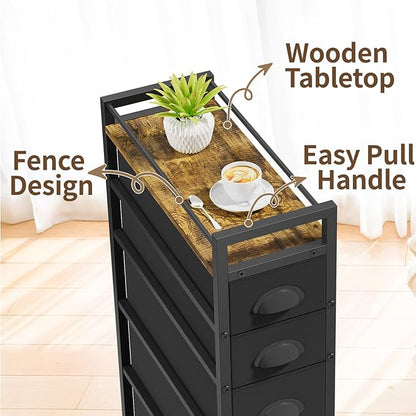 LASZOLA 5 Drawer Narrow Dresser Slim Cabinet Skinny Storage Tower Chest, Ideal for Small Spaces Bathroom Bedroom, Between Washer and Dryer, Lightweight Mobile on Wheels, Sturdy Fabric Drawers, Black